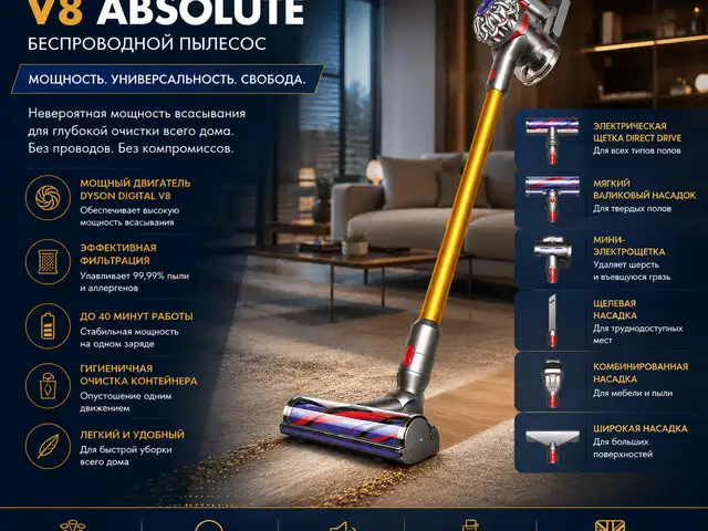 Беспроводной пылесос Dyson V8 Absolute Yellow/Nickel, UK Version, Душанбе