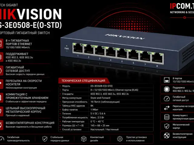 Коммутатор Swich Hikvision Gigabit DS-3E0508-E O-STD, Хуҷанд