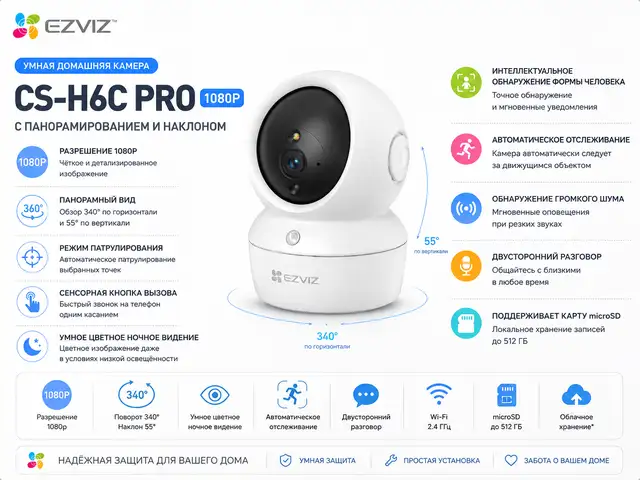 Умная домашняя камера с панорамированием и наклоном EZVIZ CS H6C pro 1080P, Худжанд