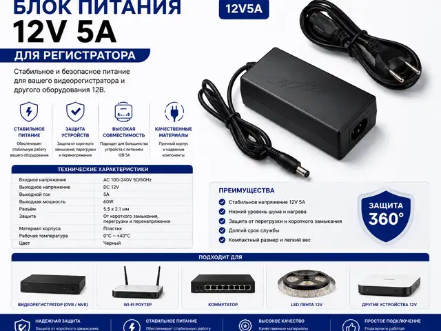 Блок питания 12V 5A для регистратора, Худжанд