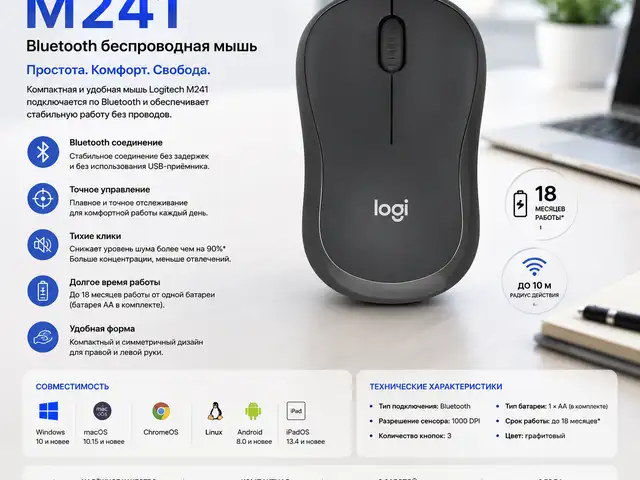 Беспроводная Bluetooth-мышь Logitech M241, Душанбе