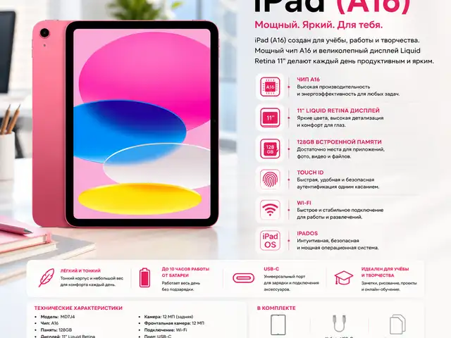 Планшет Apple iPad A16 11, Wi-Fi, 128 ГБ, Pink, MD7J4, Душанбе