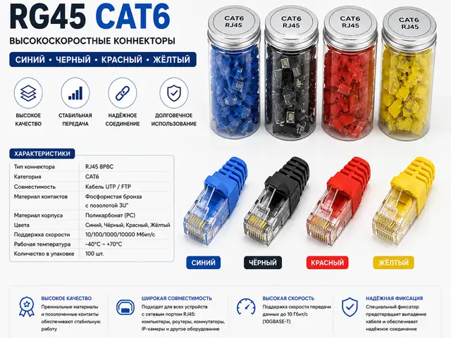 Коннектор RJ45 CAT6 синий / чёрный / красный / жёлтый, Хуҷанд