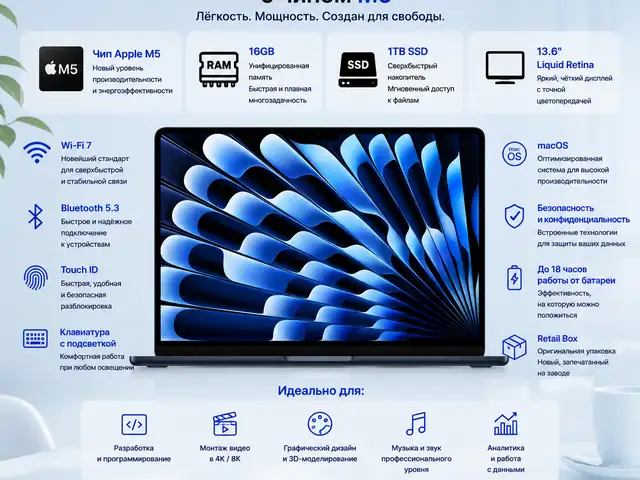 Ноутбук Apple MacBook Air 13-inch, Apple M5, 16GB, 1TB SSD, Midnight, MDHF4, Душанбе