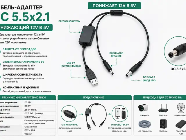 Кабель адаптер DC 5.5x2.1 понижающий 12V в 5V, Худжанд