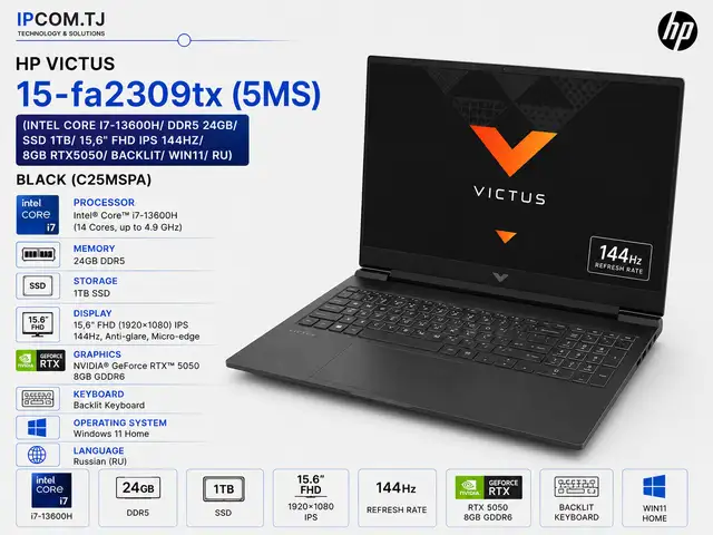 Ноутбук HP Victus 15-fa2309tx 5MS Intel Core i7-13600H/ DDR5 24GB/ SSD 1TB/ 15,6 FHD, Хуҷанд