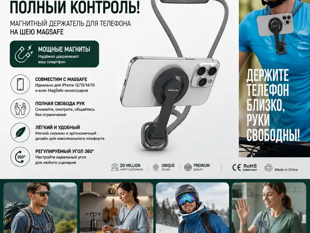 Магнитный держатель для телефона на шею Green Lion MagSafe серый, Душанбе