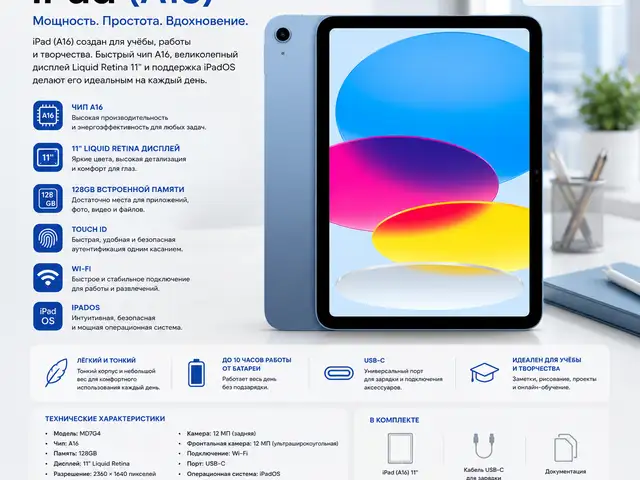 Планшет Apple iPad A16 11, Wi-Fi, 128 ГБ, Blue, MD7G4, Душанбе