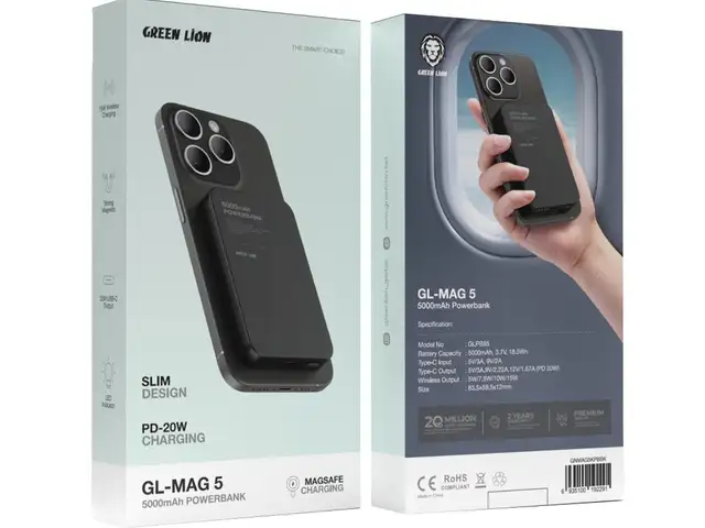 Внешний аккумулятор Green Lion GL-MAG 5 5000mAh Powerbank PD20W черный, Душанбе