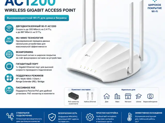 Точка доступа TP-Link TL-WA1201 AC1200, Gigabit, Wi-Fi, MU-MIMO, PoE, Душанбе
