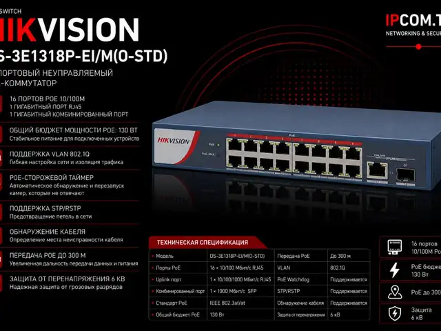 Switch POE Hikvision DS-3E1318P-EI/M O-STD, Хуҷанд