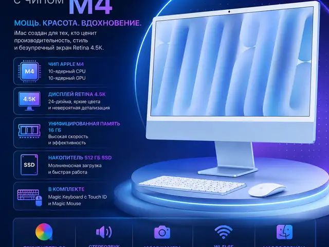Моноблок Apple iMac 24, M4, 16ГБ, 512ГБ SSD, 4.5K Retina, Blue, Touch ID, MWV33B, Душанбе
