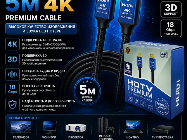 Кабель HDMI 5m 4K, Хуҷанд