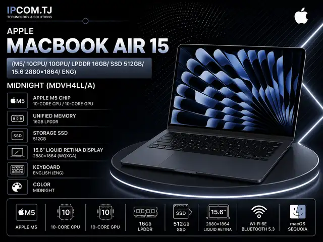 Ноутбук Apple MacBook Air 15 M5/ 10CPU/ 10GPU/ LPDDR 16GB/ SSD 512GB/ 15.6 2880x1864/ E, Хуҷанд