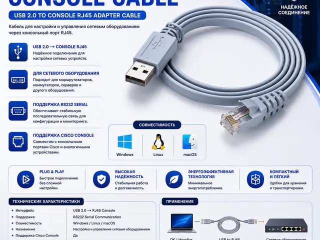 Консольный кабель USB to RJ45 для Cisco Router и Switch, Душанбе