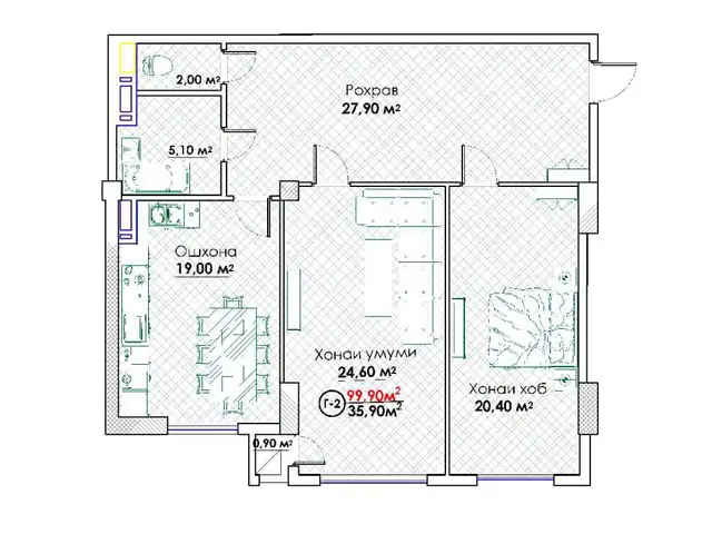 2-комн. квартира, 5 этаж, 100 м², Исмоили Сомони - Спартак, кольцевая пивзавода, Душанбе