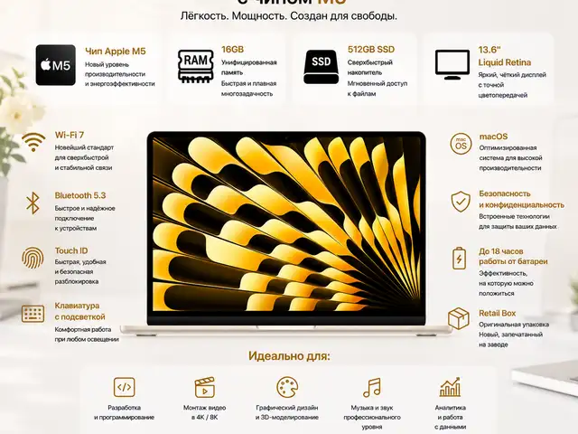 Ноутбук Apple MacBook Air 13-inch, Apple M5, 16GB, 512GB SSD, Starlight, MDHA4, Душанбе