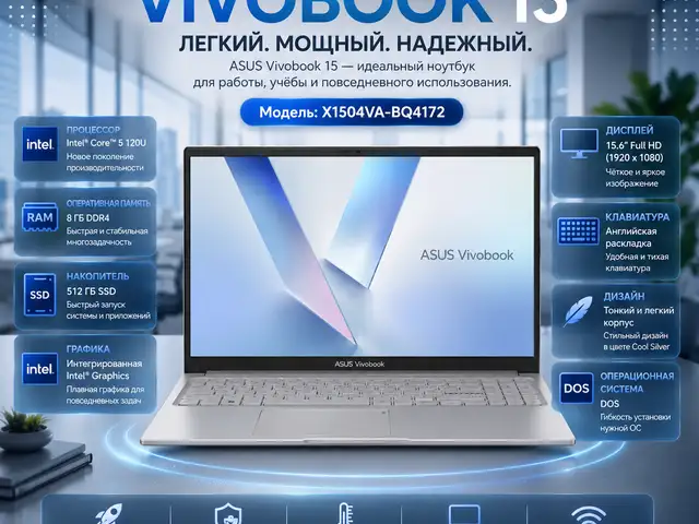 Ноутбук ASUS Vivobook 15 X1504VA-BQ4172, Core 5 8ГБ 512ГБ SSD Full HD Silver, Душанбе