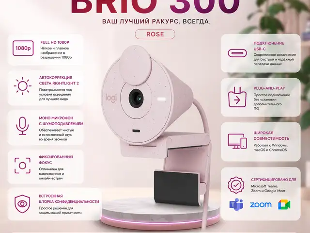 Веб-камера Logitech Brio 300 Full HD 1080p USB-C Rose, Душанбе