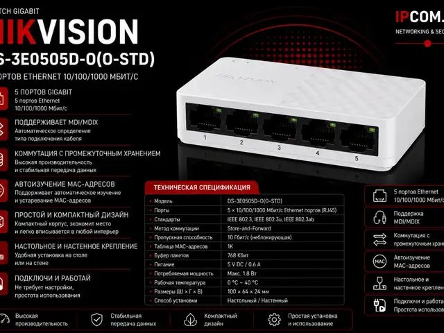 Коммутатор Switch Hikvision Gigabit DS-3E0505D-O, Хуҷанд