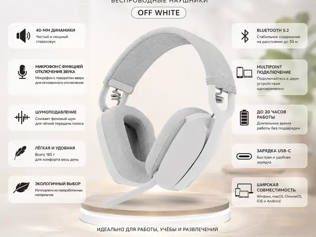 Беспроводные наушники Logitech Zone Vibe 100 Bluetooth Off White, Душанбе
