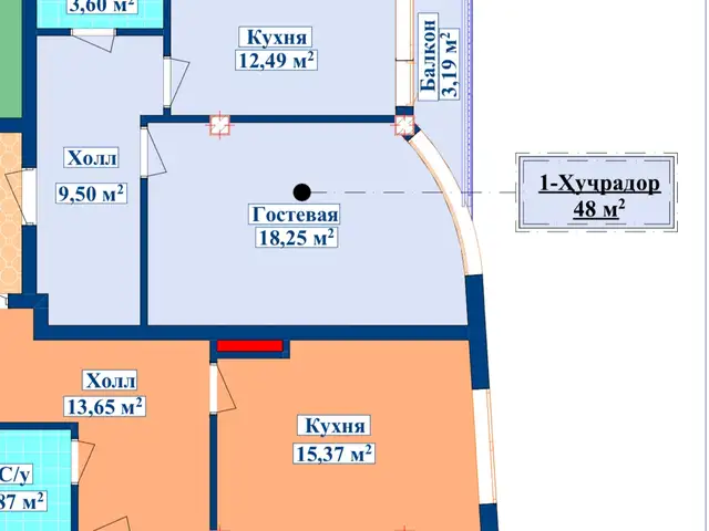 1-комн. квартира, 13 этаж, 48 м², Славянский университет, Душанбе - 7