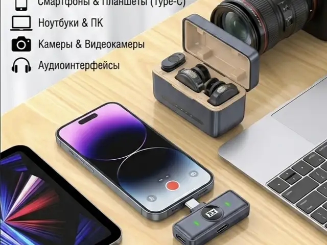 Профессиональный беспроводной петличный микрофон 2-в-1 с зарядным кейсом USB-C, Душанбе