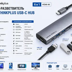 Адаптер-разветвитель Lenovo thinkplus USB.C Hub LC06.R, Хуҷанд