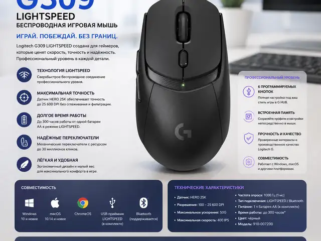 Беспроводная игровая мышь Logitech G309 LIGHTSPEED, Black, 910-007200, Душанбе
