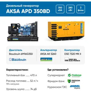 Дизельный генератор Aksa APD350 BD в кожухе, Душанбе