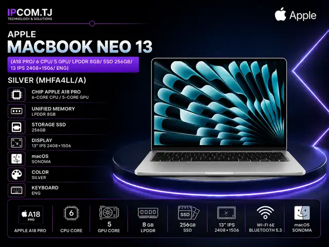 Ноутбук Apple Macbook Neo 13 A18 Pro/ 6 CPU/ 5 GPU/ LPDDR 8GB/ SSD 256GB/, Хуҷанд