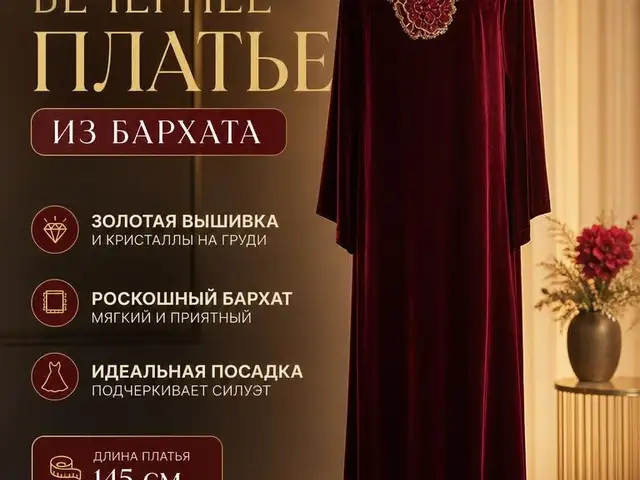 Вечернее бархатное платье с золотой вышивкой, Душанбе