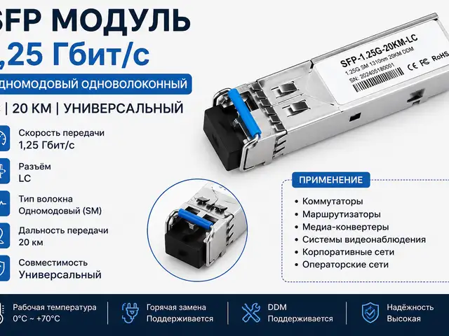 SFP модуль 1,25 г одномодовый одноволоконный LC 20км универсальный, Хуҷанд