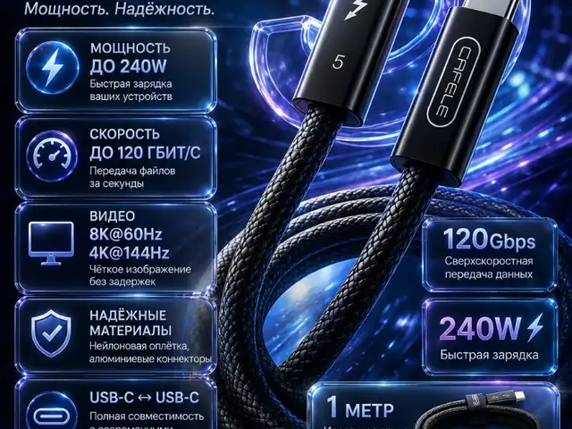 Кабель Thunderbolt 5 USB-C CAFELE - USB-C 240W / 120Gbps / 1 метр, Душанбе