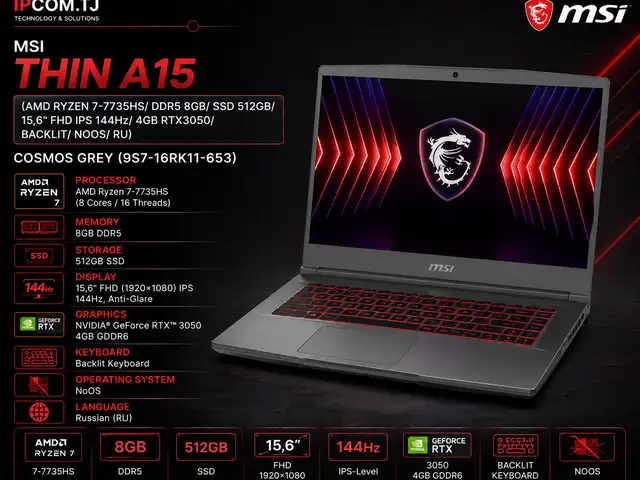Ноутбук MSI Thin A15 AMD Ryzen 7-7735HS/ DDR5 8GB/ SSD 512GB/ 15,6 FHD IPS 144Hz/ 4GB, Хуҷанд
