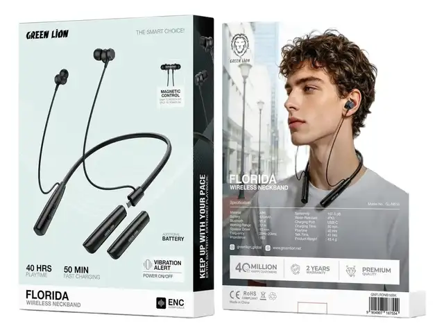Наушники Green Lion Florida Wireless Neckband - Black, Душанбе