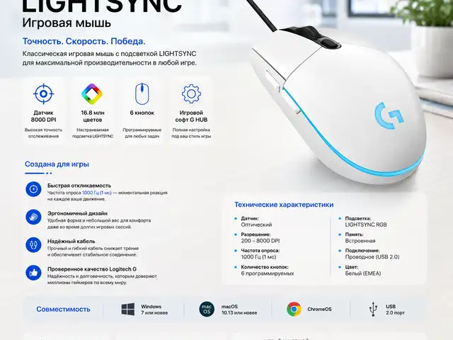 Игровая мышь Logitech G203 LIGHTSYNC, White, Душанбе