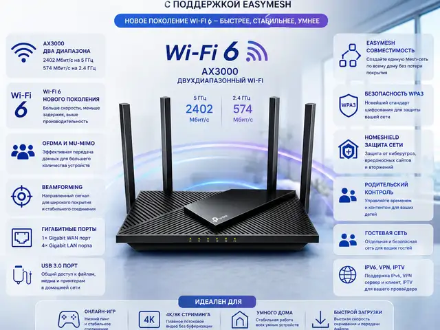 Wi-Fi 6 роутер TP-Link Archer AX55 AX3000 Dual-Band Gigabit EasyMesh Router, Душанбе