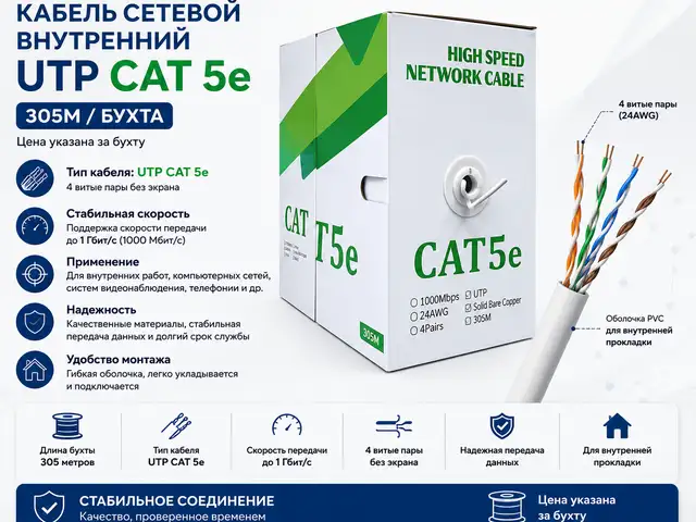 Кабель сетевой внутренний UTP CAT 6 305M, Хуҷанд