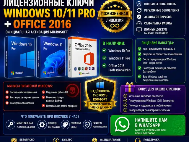 Лицензионные ключи windows 10/11 pro + office 2016, Душанбе