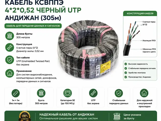 Кабель КСВППЭ 4 2 0,52 черный UTP 305м, Хуҷанд