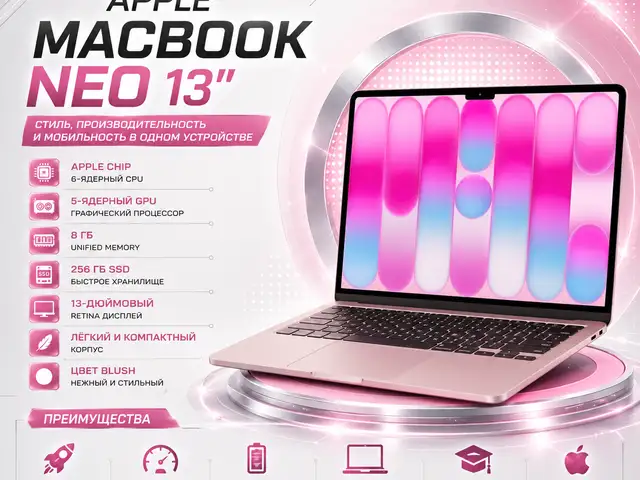 Ноутбук Apple MacBook NEO 13, 8ГБ, 256ГБ SSD, Blush, MHFH4, Душанбе