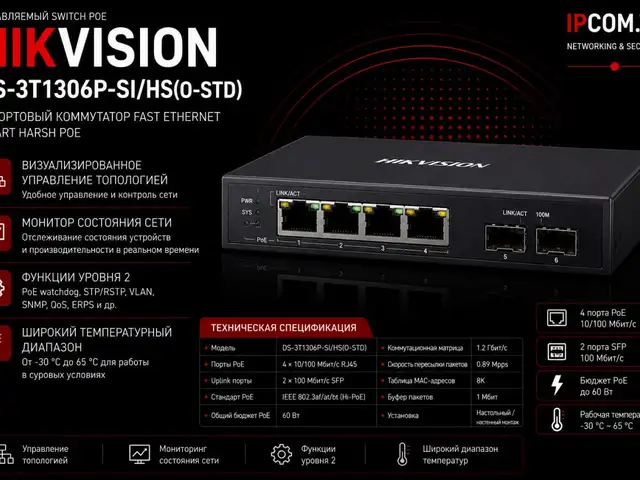 Управляемый Switch POE Hikvision Harsh POE DS-3T1306P-SI/HS O-STD, Хуҷанд