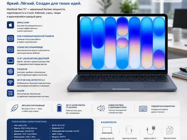 Ноутбук Apple MacBook Neo 13.6, Apple Chip, 8 ГБ, SSD 256 ГБ, Indigo, MHFF4, Душанбе