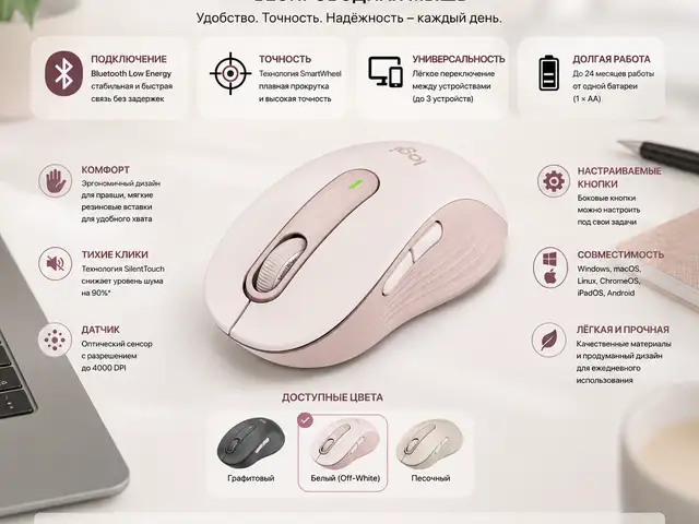 Беспроводная мышь Logitech Signature M650, Bluetooth, Off-White, 910-006255, Душанбе
