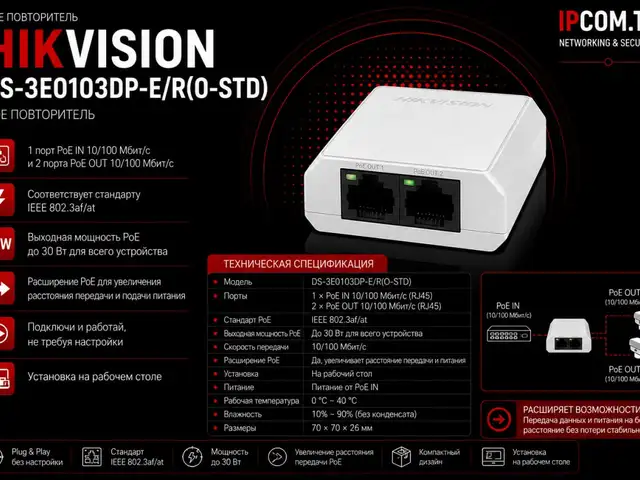 Повторитель PoE Hikvision DS-3E0103DP-E/R O-STD, Хуҷанд