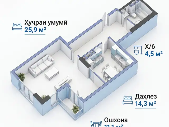 2-комн. квартира, 11 этаж, 55 м², Фирдавси, Душанбе