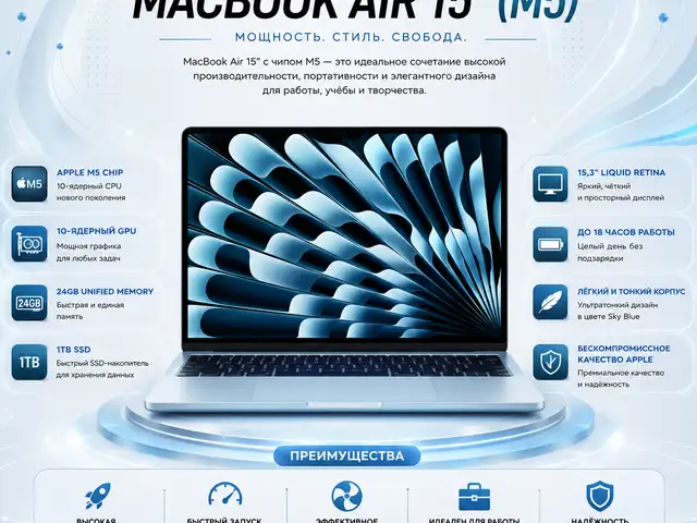 Ноутбук Apple MacBook Air 15, M5, 24ГБ, 1ТБ SSD, Sky Blue, MDVU4, Душанбе