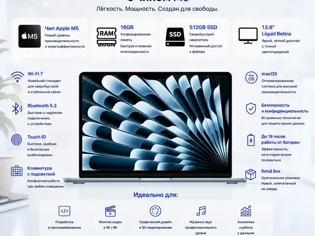 Ноутбук Apple MacBook Air 13-inch, Apple M5, 16GB, 512GB SSD, Midnight, MDHE4, Душанбе