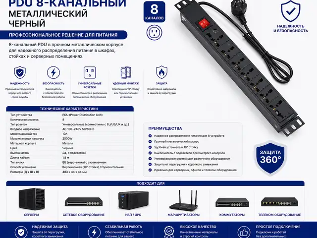 PDU 8-канальный металлический черный, Худжанд